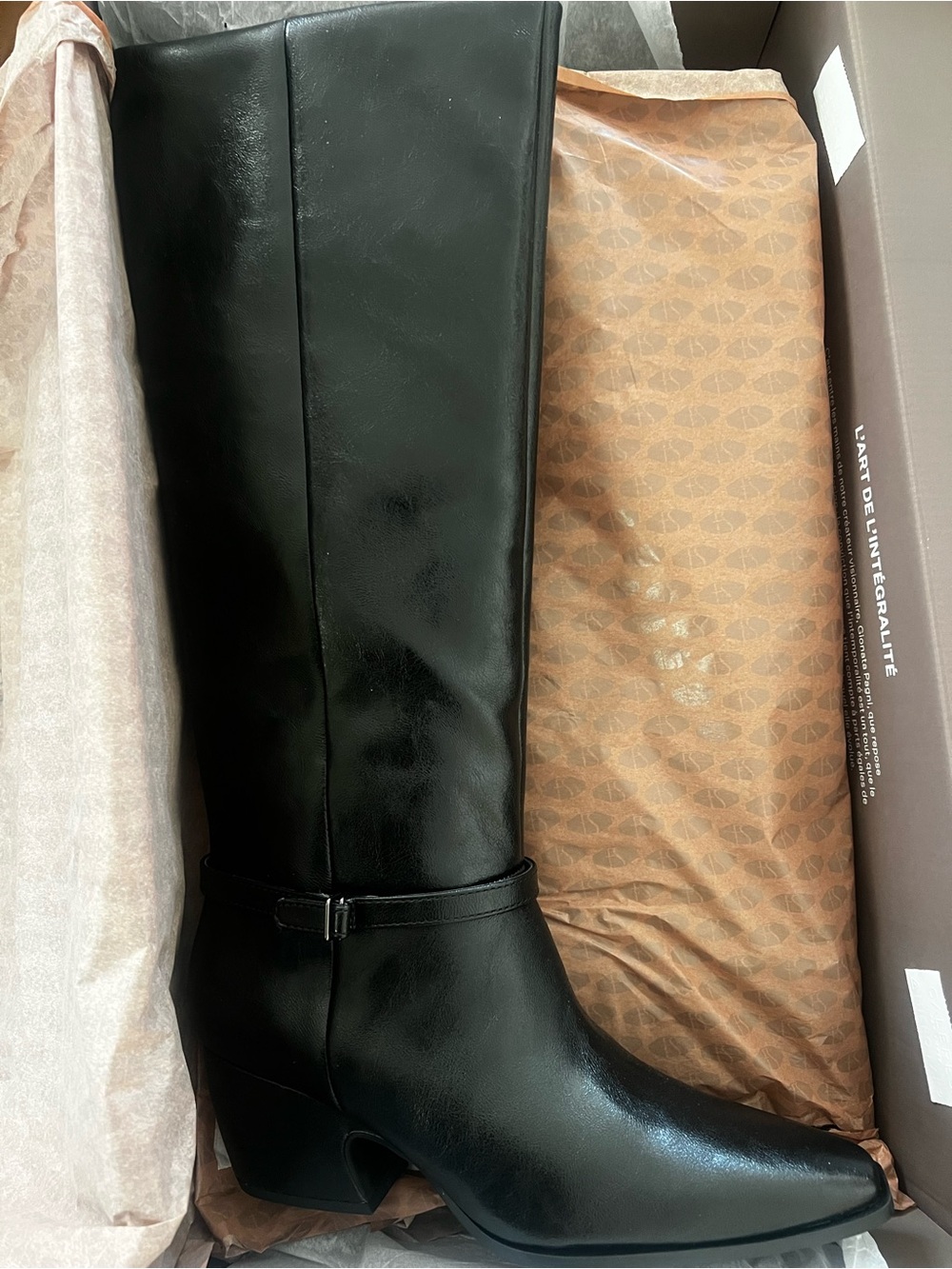 Franco Sarto Black Leather Knee-High Boots with Buckle Strap